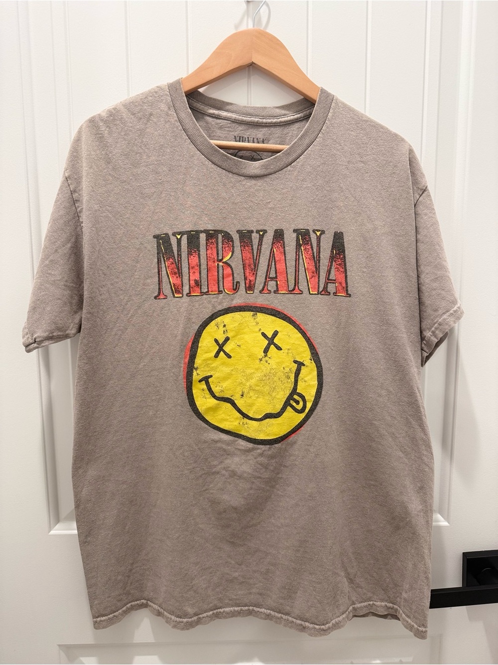 NIRVANA Taupe Short-Sleeve Tee with Yellow Smiley